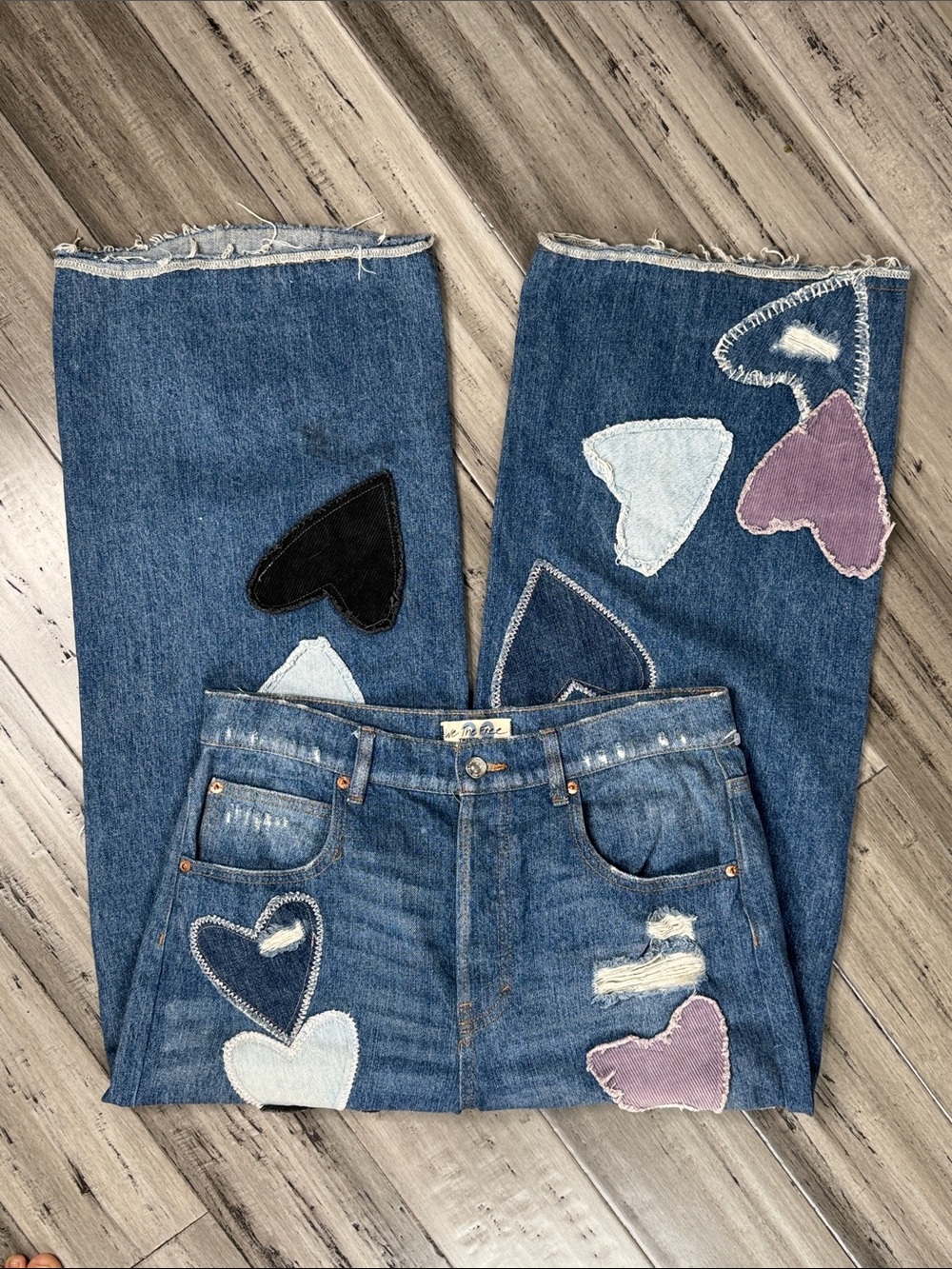 FREE PEOPLE WE THE FREE PIECE OF MY HEART PATCHWORK DISTRESSED WIDE LEG JEANS - Picture 3 of 14